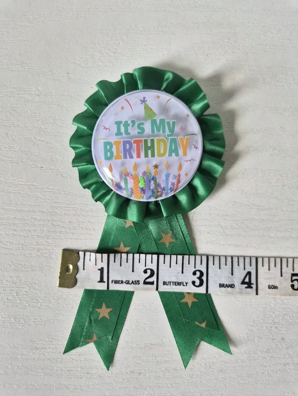 Source Unknown It's My Birthday Green Ribbon Badge with Gold Stars